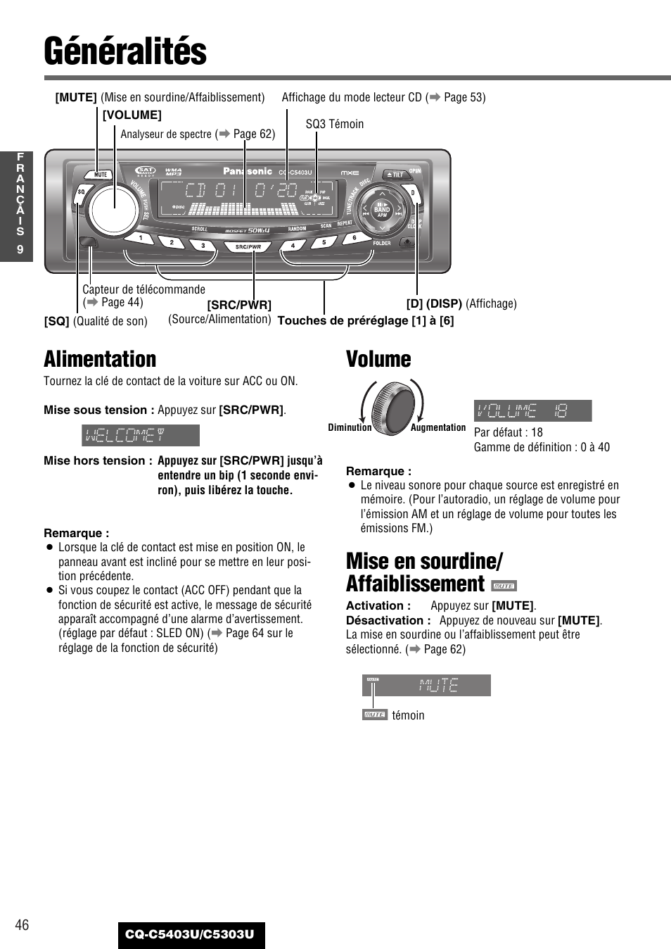 Generalites, Généralités, Alimentation | Volume, Mise en sourdine/ affaiblissement | Panasonic CQ-C5403U User Manual | Page 46 / 108