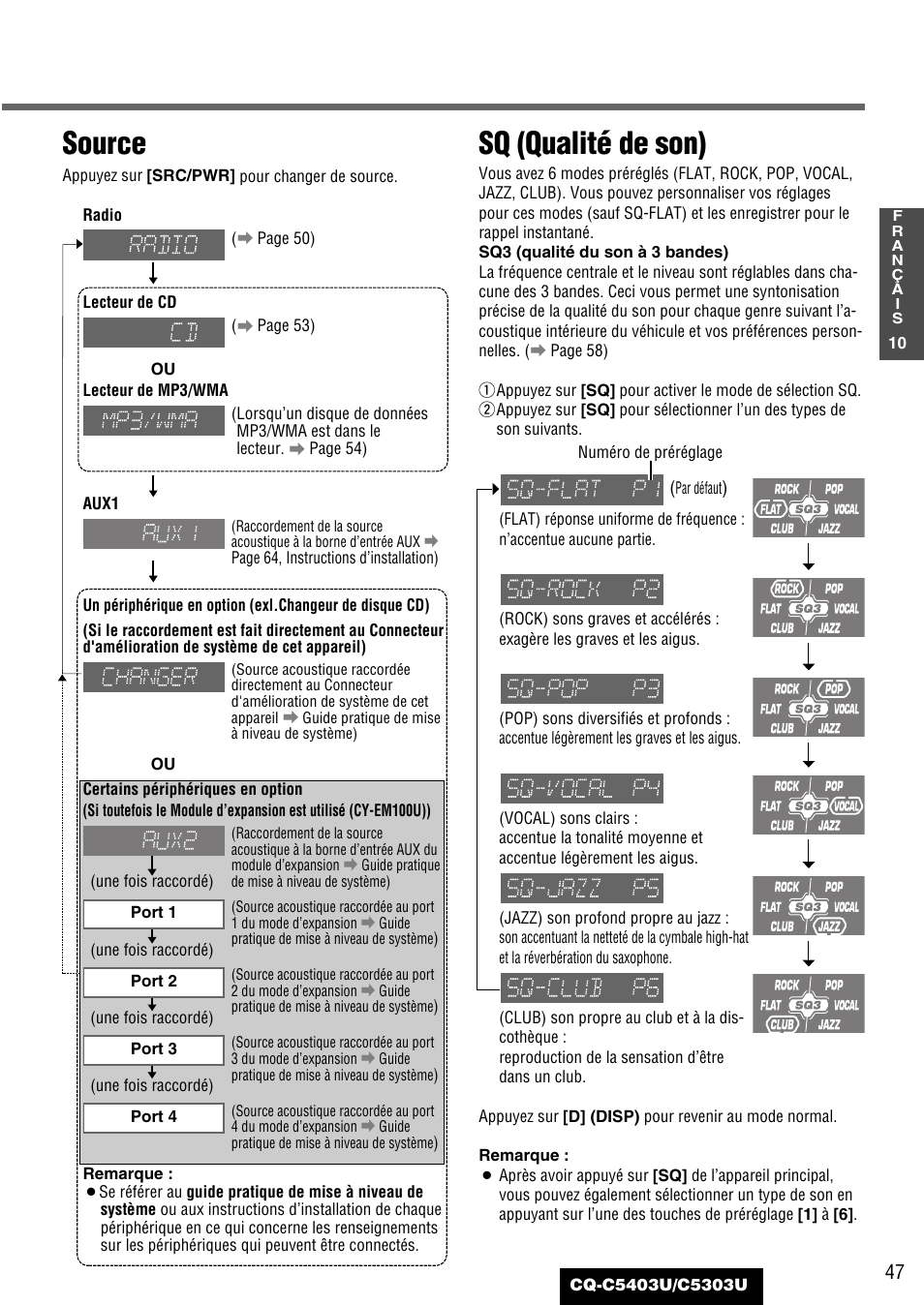 Source, Sq (qualité de son) | Panasonic CQ-C5403U User Manual | Page 47 / 108