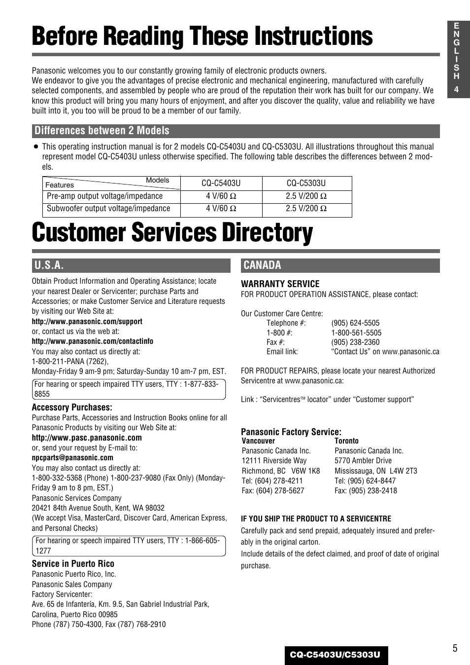 Before reading these intructions, Customers services directory, Before reading these instructions | Customer services directory, U.s.a, Canada, Differences between 2 models | Panasonic CQ-C5403U User Manual | Page 5 / 108