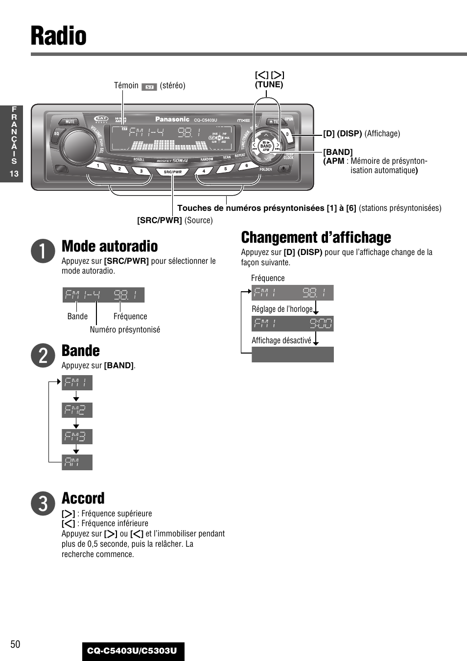 Chaque source, Radio, Mode autoradio | Bande, Accord, Changement d’affichage | Panasonic CQ-C5403U User Manual | Page 50 / 108