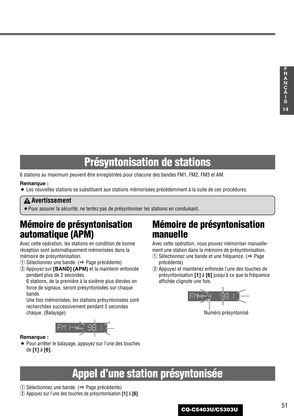 Appel d’une station présyntonisée, Présyntonisation de stations, Mémoire de présyntonisation automatique (apm) | Mémoire de présyntonisation manuelle | Panasonic CQ-C5403U User Manual | Page 51 / 108