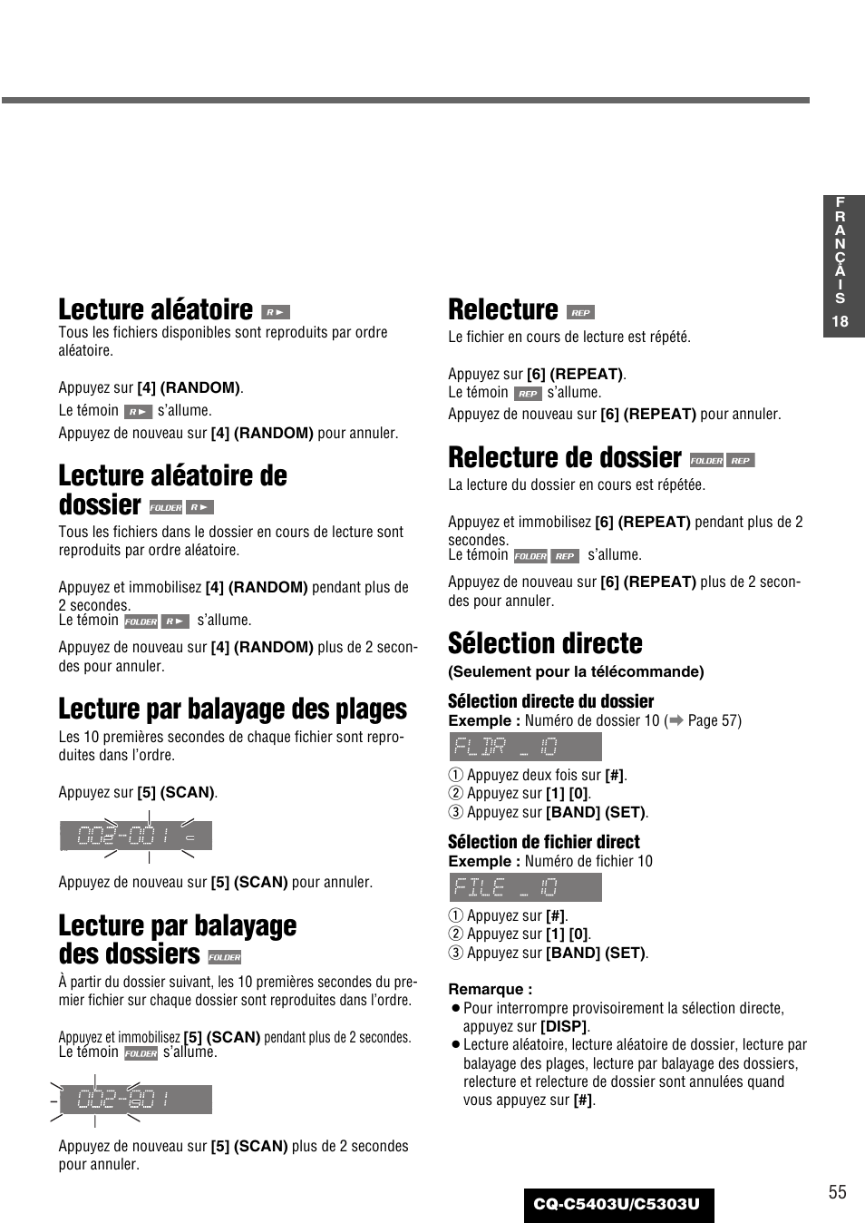 Lecture aléatoire, Lecture aléatoire de dossier, Lecture par balayage des plages | Lecture par balayage des dossiers, Relecture, Relecture de dossier, Sélection directe | Panasonic CQ-C5403U User Manual | Page 55 / 108