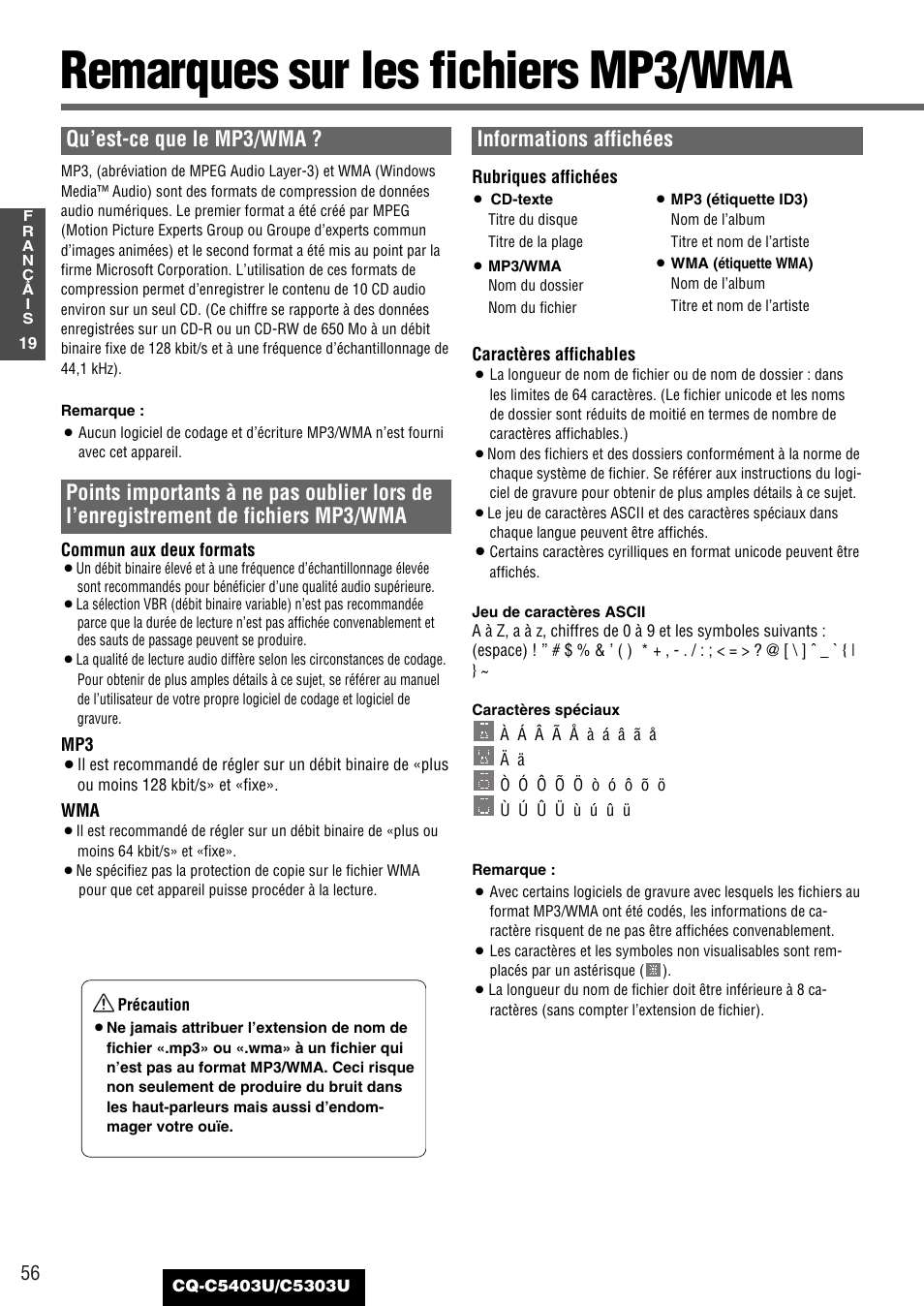 Remarques sur les fichiers mp3/wma, Qu’est-ce que le mp3/wma, Informations affichées | Panasonic CQ-C5403U User Manual | Page 56 / 108
