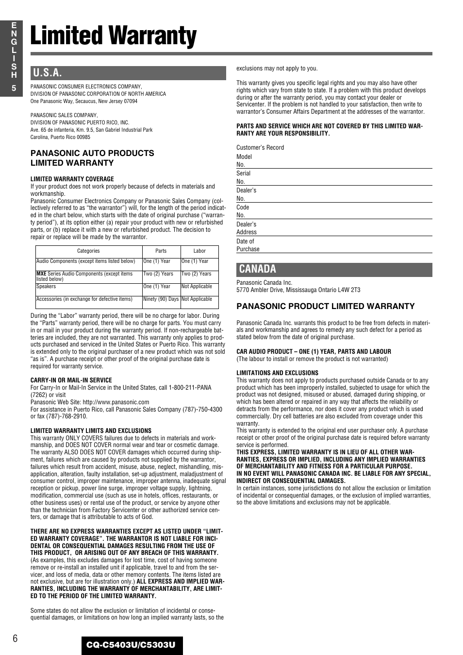 Limited warranty, U.s.a, Canada | Panasonic CQ-C5403U User Manual | Page 6 / 108
