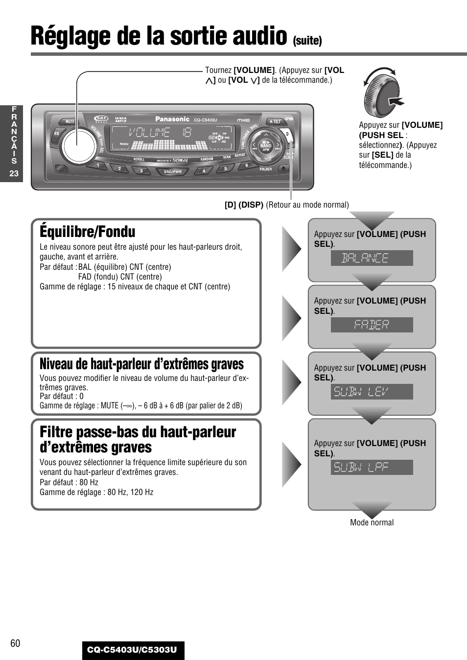 Réglage de la sortie audio, Équilibre/fondu, Filtre passe-bas du haut-parleur d’extrêmes graves | Niveau de haut-parleur d’extrêmes graves, Suite) | Panasonic CQ-C5403U User Manual | Page 60 / 108