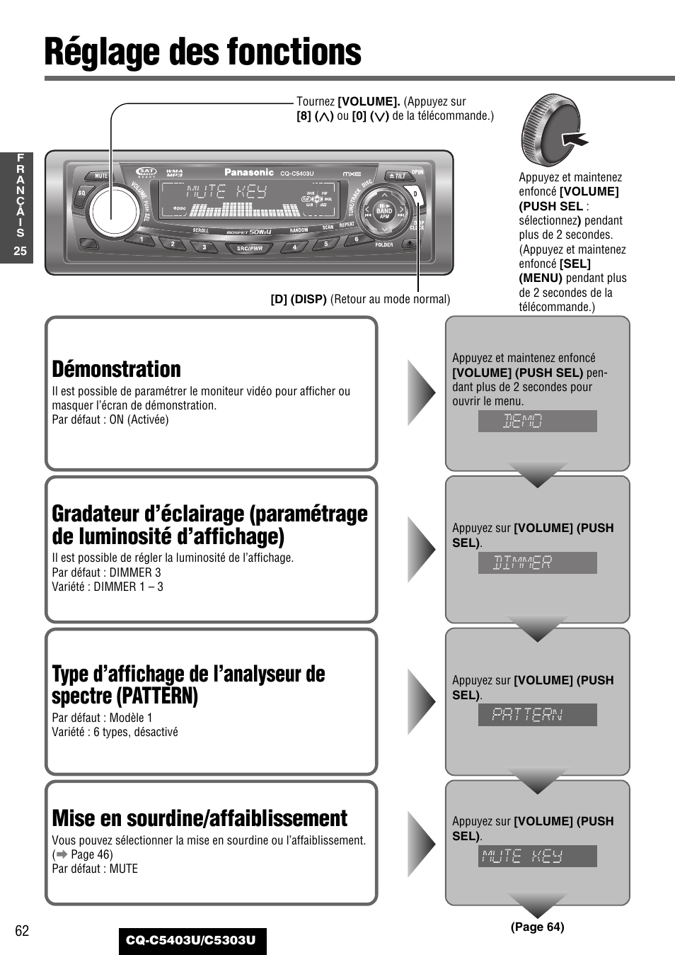 Reglage des fonctions, Réglage des fonctions, Démonstration | Mise en sourdine/affaiblissement | Panasonic CQ-C5403U User Manual | Page 62 / 108