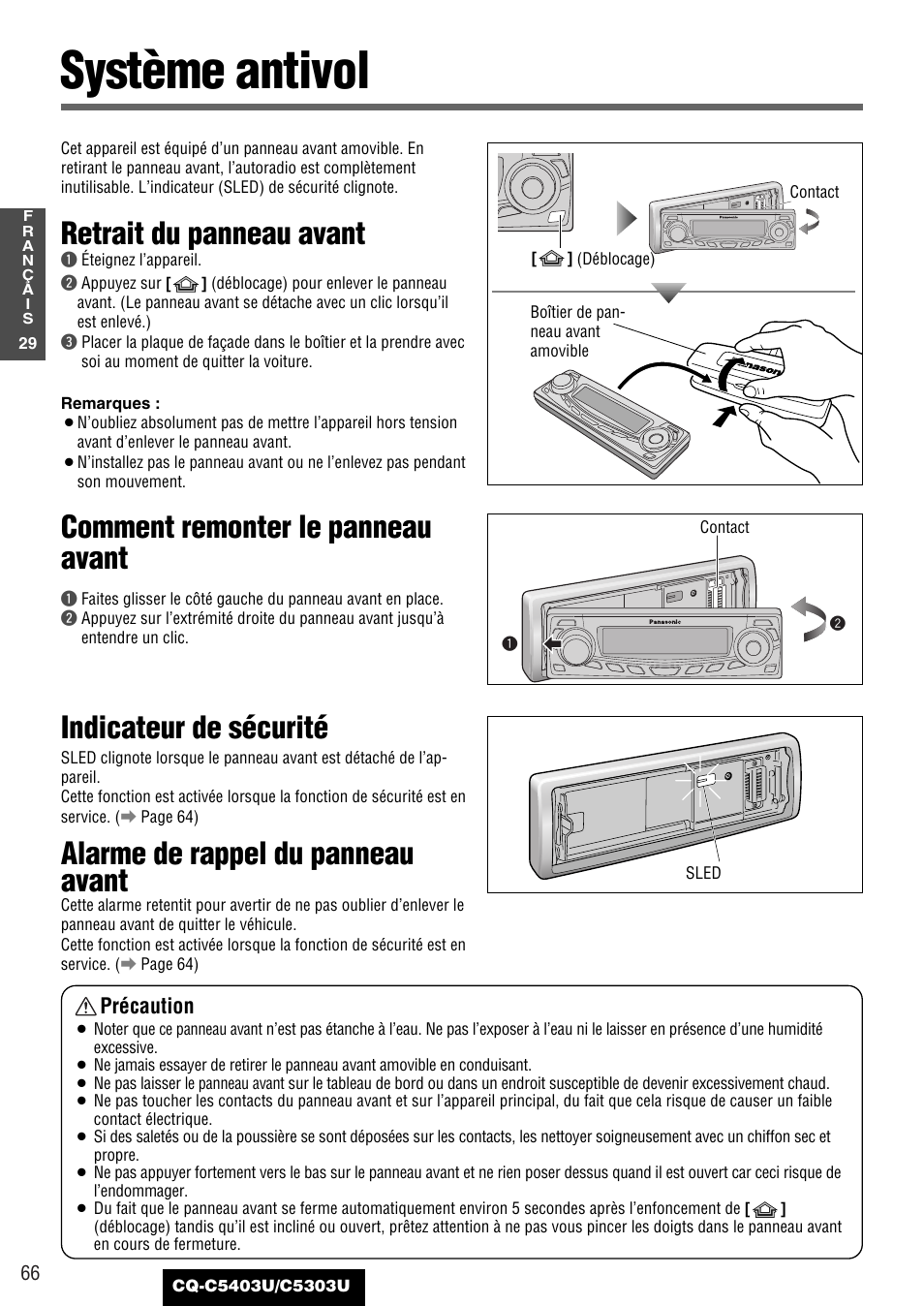 Systeme antivol, Système antivol, Indicateur de sécurité | Alarme de rappel du panneau avant, Retrait du panneau avant, Comment remonter le panneau avant | Panasonic CQ-C5403U User Manual | Page 66 / 108