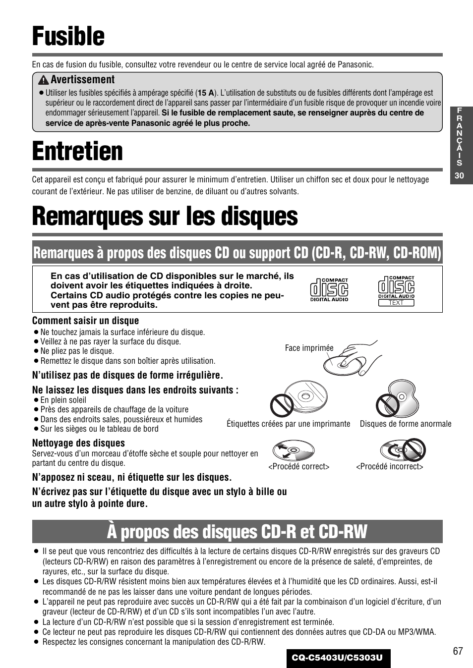 Fusible, Entretien, Remarques sur les disques | À propos des disques cd-r et cd-rw | Panasonic CQ-C5403U User Manual | Page 67 / 108