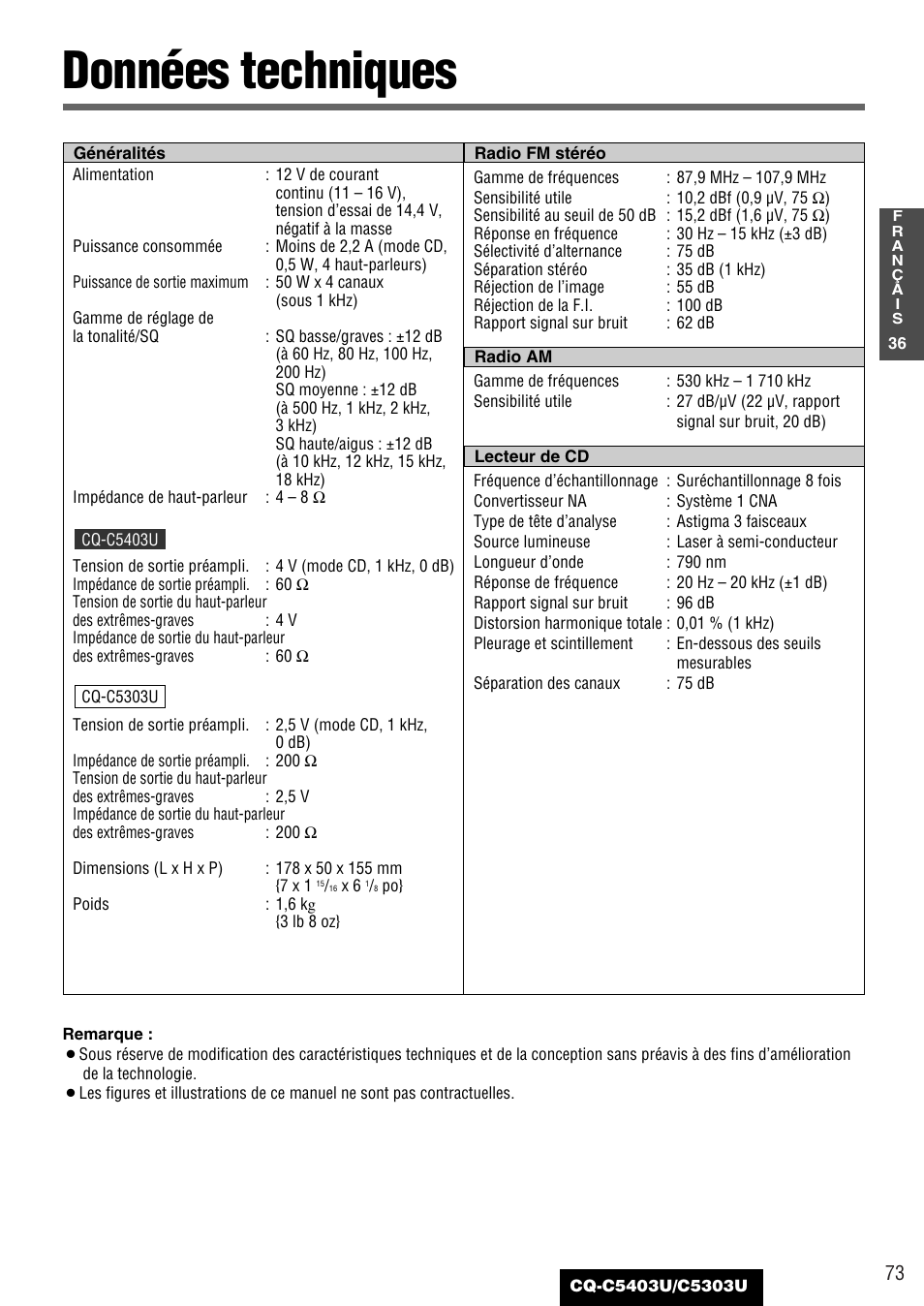 Donnees techniques, Données techniques | Panasonic CQ-C5403U User Manual | Page 73 / 108