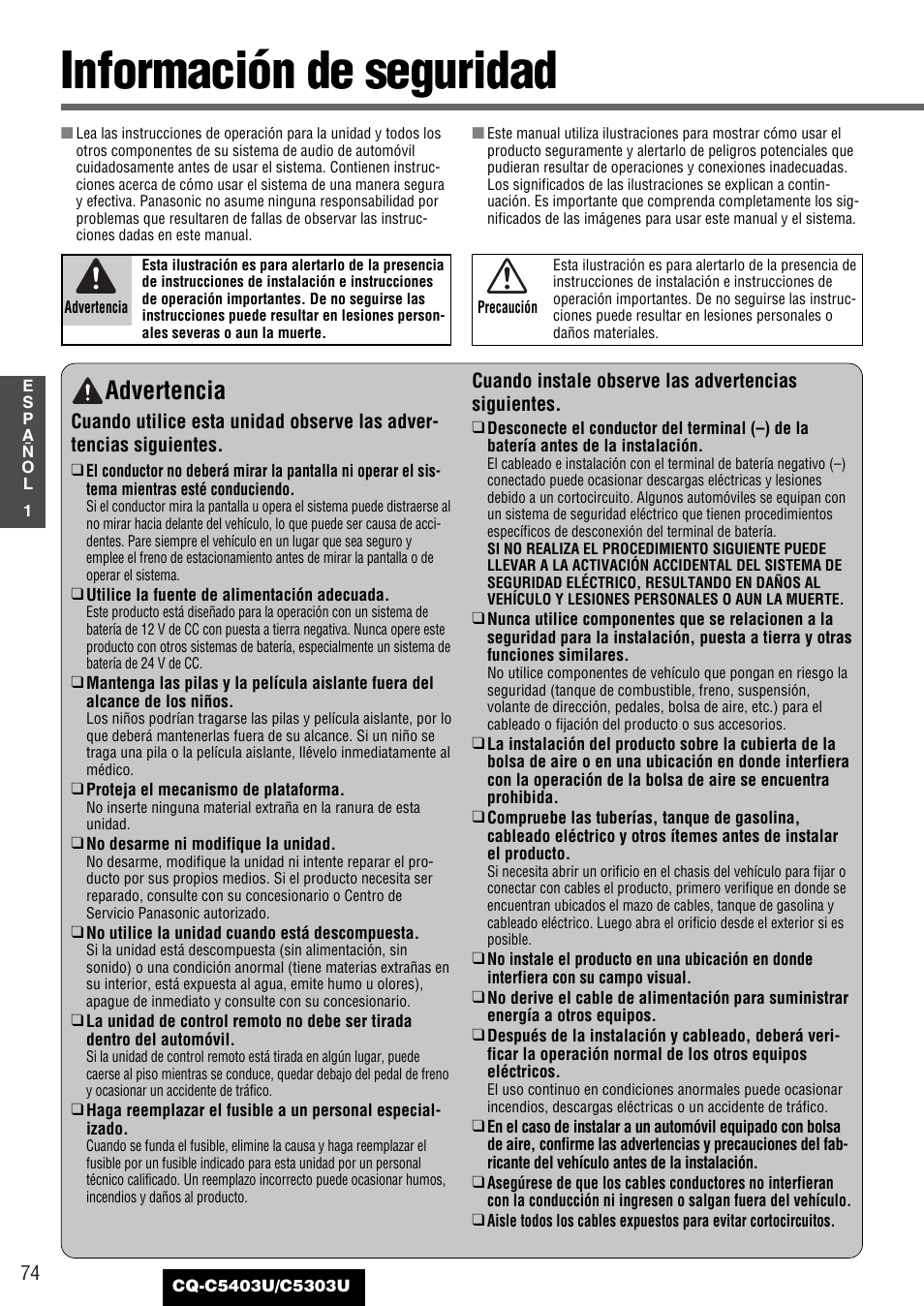 Comun, Informacion de seguridad, Información de seguridad | Advertencia | Panasonic CQ-C5403U User Manual | Page 74 / 108