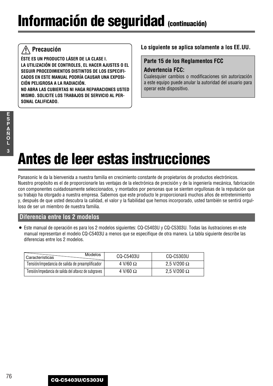 Antes de leer estas instrucciones, Información de seguridad, Continuación) | Panasonic CQ-C5403U User Manual | Page 76 / 108