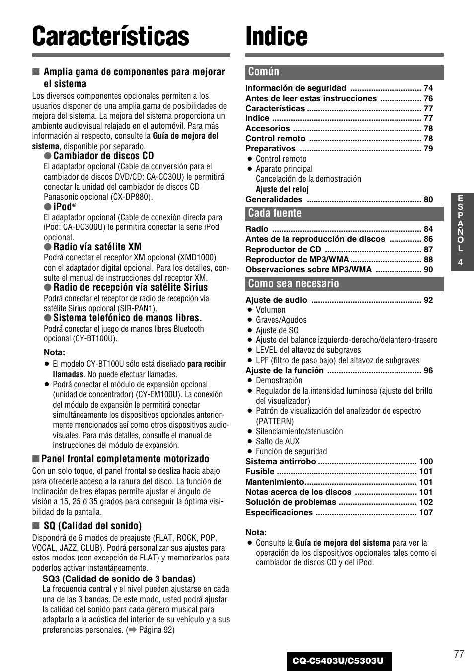 Indice, Caracteristicas, Características indice | Común, Cada fuente, Como sea necesario | Panasonic CQ-C5403U User Manual | Page 77 / 108