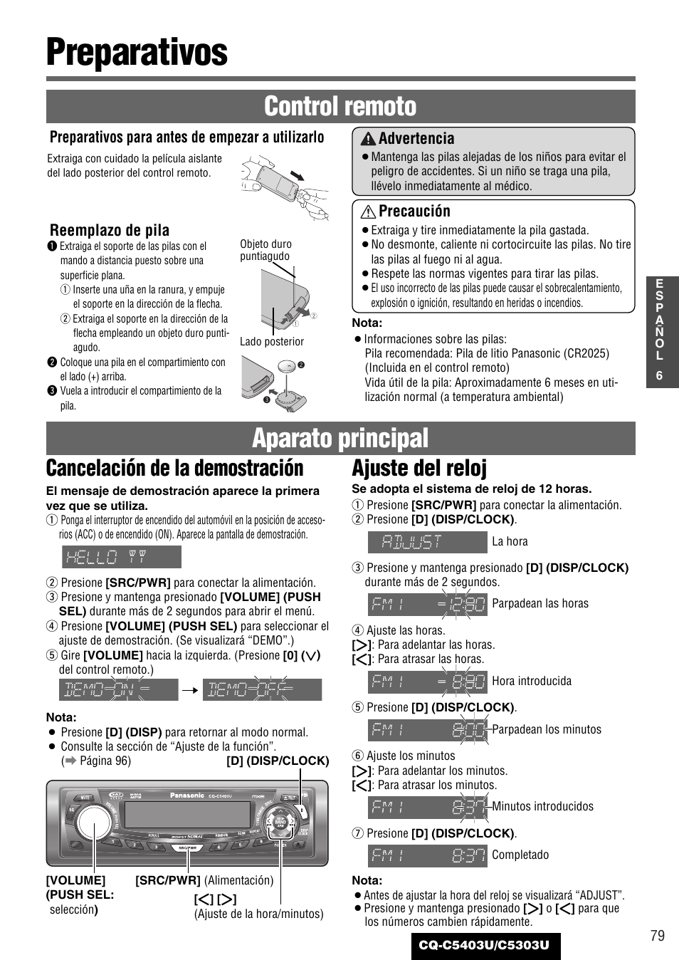 Preparativos, Aparato principal, Control remoto | Cancelación de la demostración, Ajuste del reloj, Advertencia, Precaución, Preparativos para antes de empezar a utilizarlo, Reemplazo de pila | Panasonic CQ-C5403U User Manual | Page 79 / 108