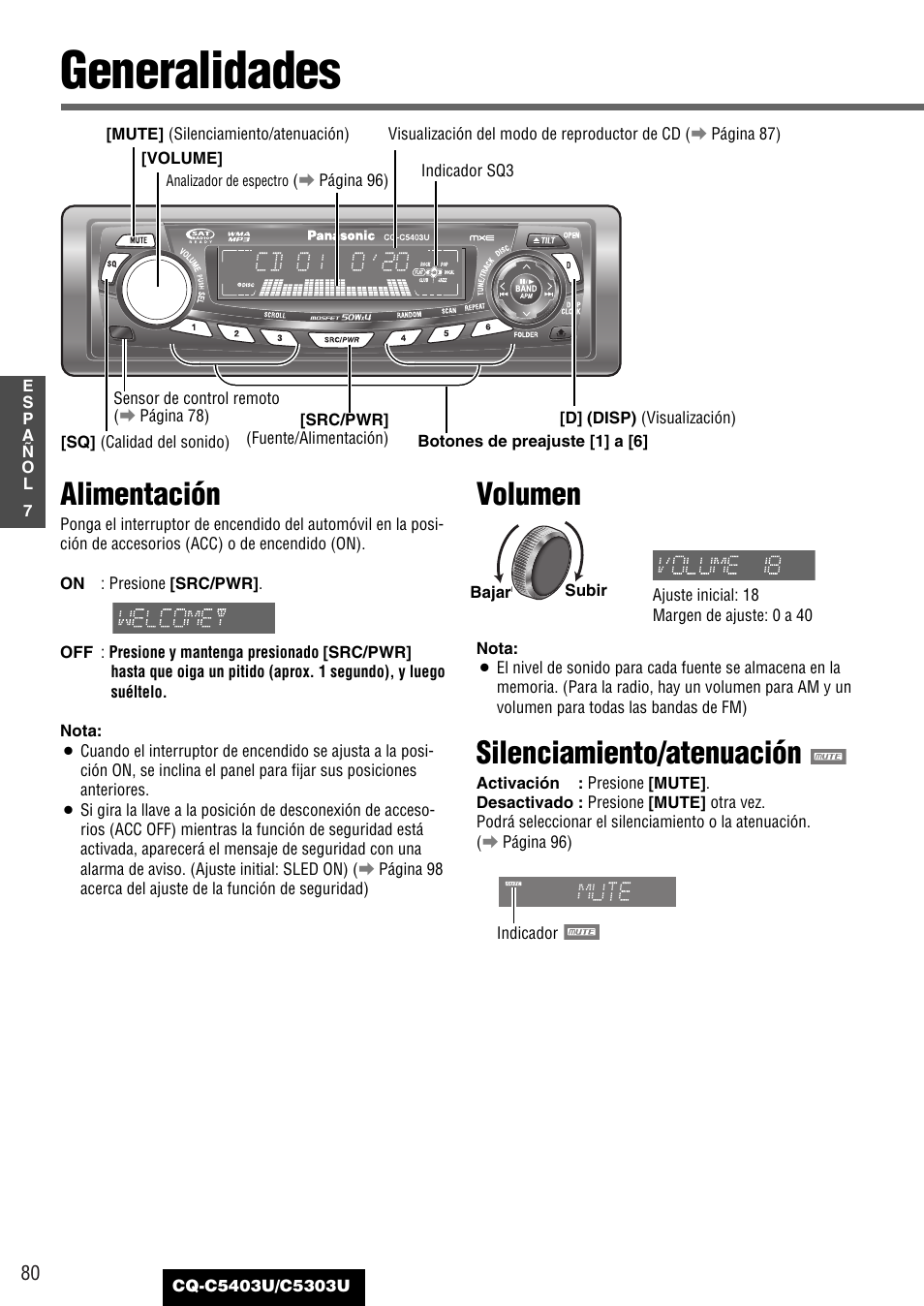 Generalidades, Alimentación, Volumen | Silenciamiento/atenuación | Panasonic CQ-C5403U User Manual | Page 80 / 108