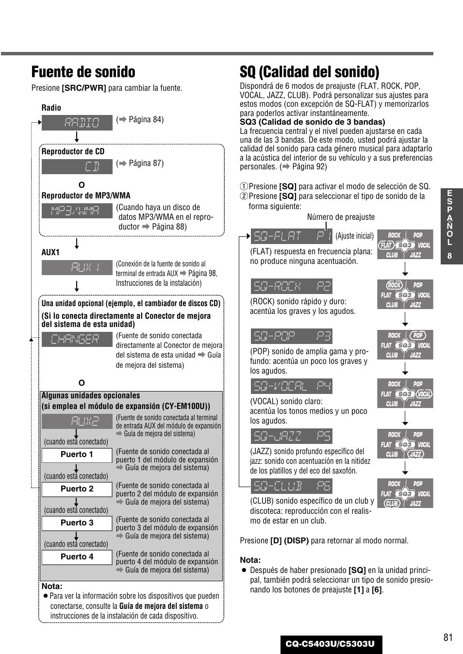 Fuente de sonido, Sq (calidad del sonido) | Panasonic CQ-C5403U User Manual | Page 81 / 108