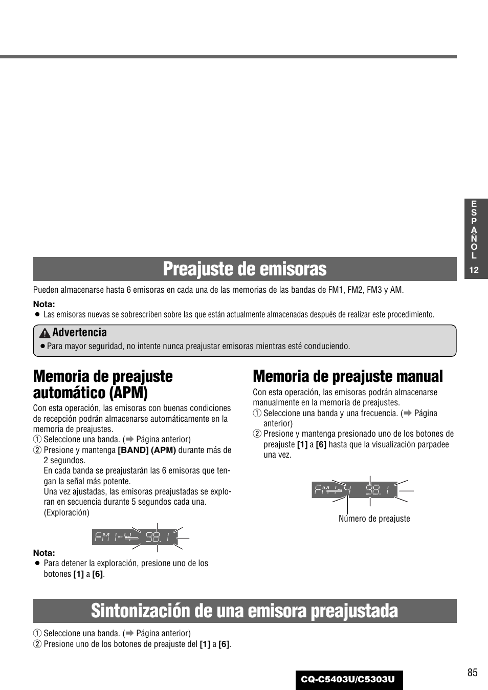 Preajuste de emisoras, Sintonización de una emisora preajustada | Panasonic CQ-C5403U User Manual | Page 85 / 108