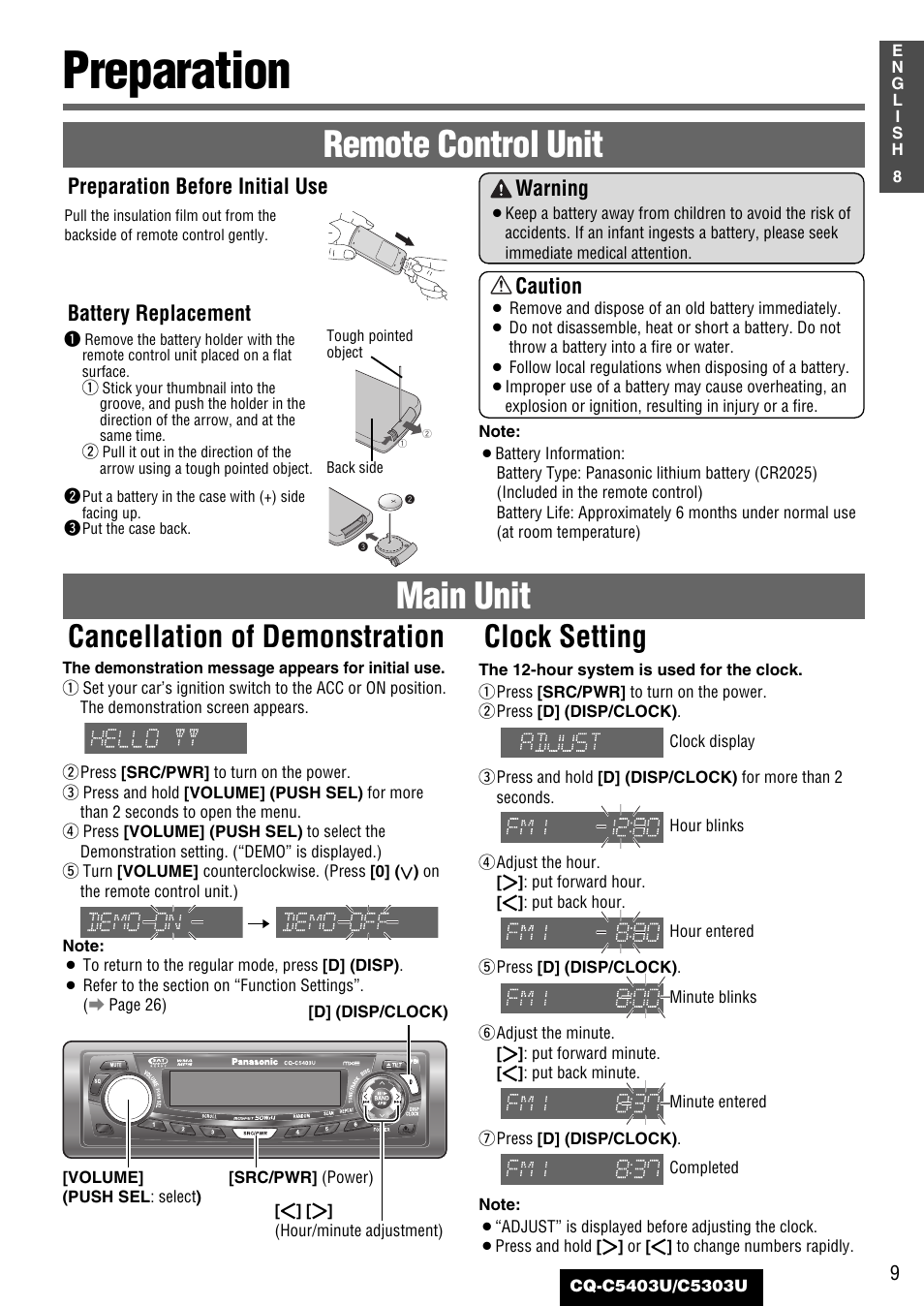 Preparation, Remote control unit, Main unit | Cancellation of demonstration clock setting, Warning, Caution, Preparation before initial use, Battery replacement | Panasonic CQ-C5403U User Manual | Page 9 / 108