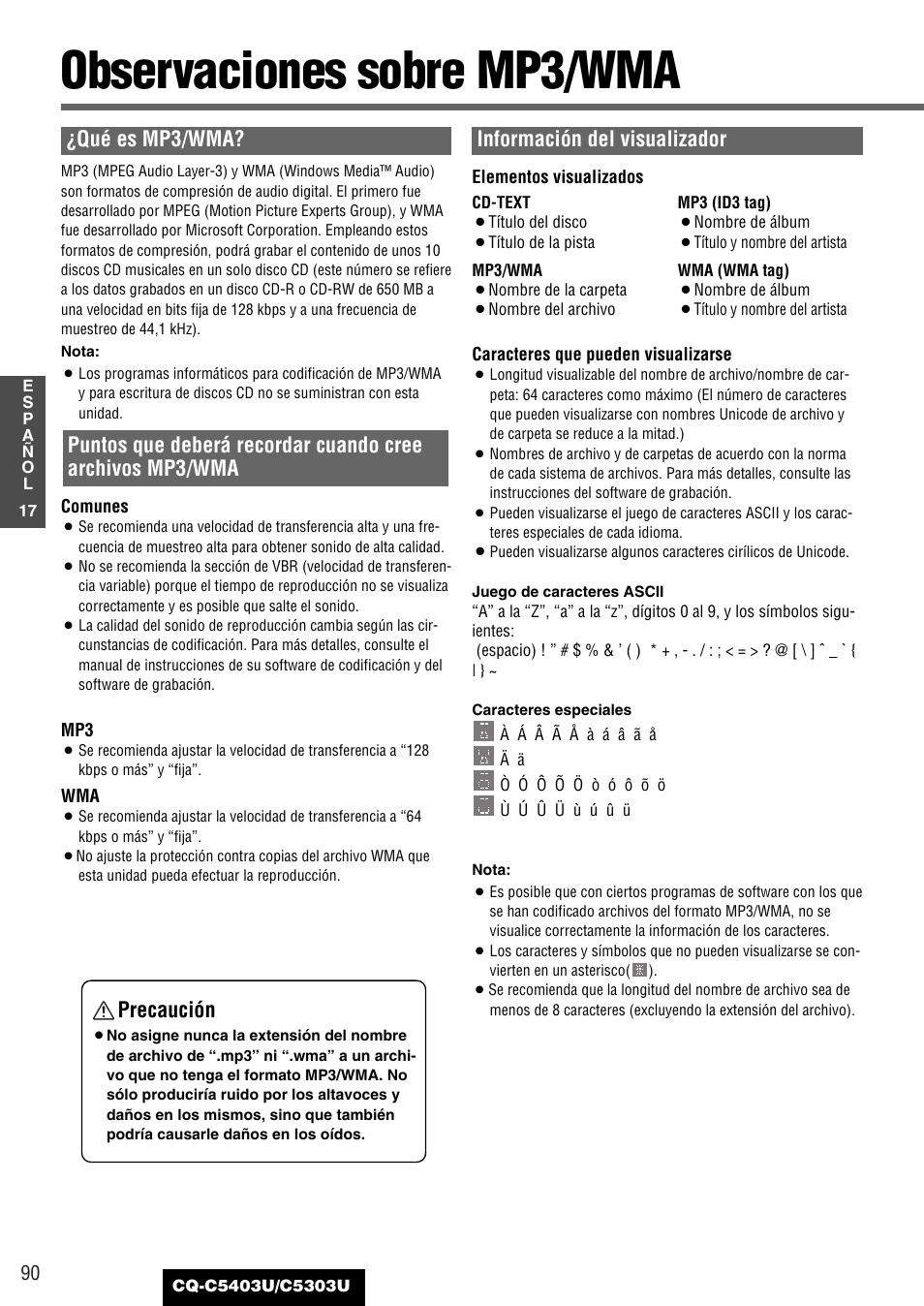 Observaciones sobre mp3/wma, Qué es mp3/wma, Información del visualizador | Precaución | Panasonic CQ-C5403U User Manual | Page 90 / 108