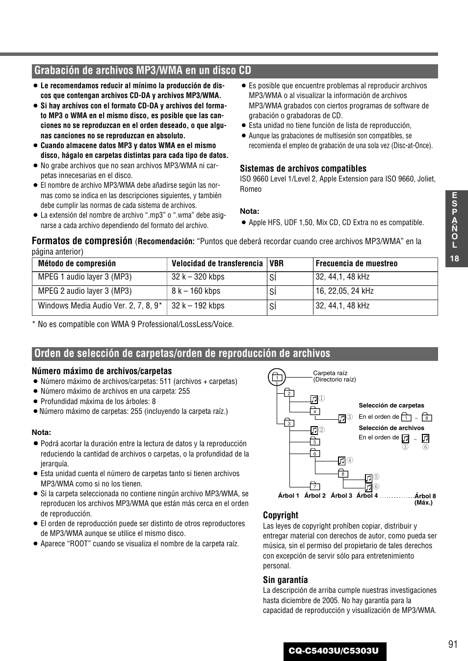 Grabación de archivos mp3/wma en un disco cd, Formatos de compresión | Panasonic CQ-C5403U User Manual | Page 91 / 108