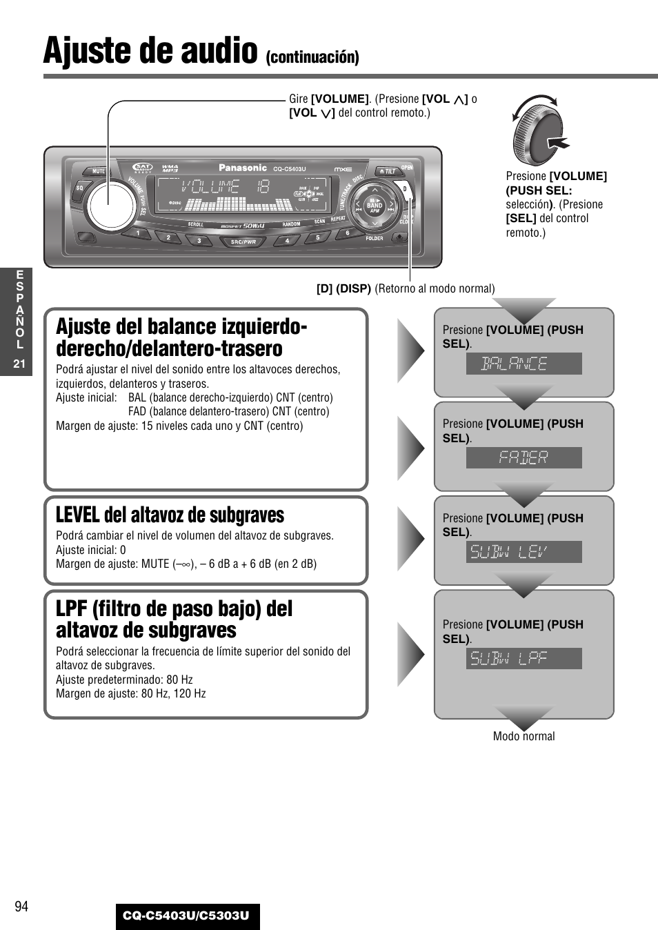 Ajuste de audio, Lpf (filtro de paso bajo) del altavoz de subgraves, Level del altavoz de subgraves | Continuación) | Panasonic CQ-C5403U User Manual | Page 94 / 108