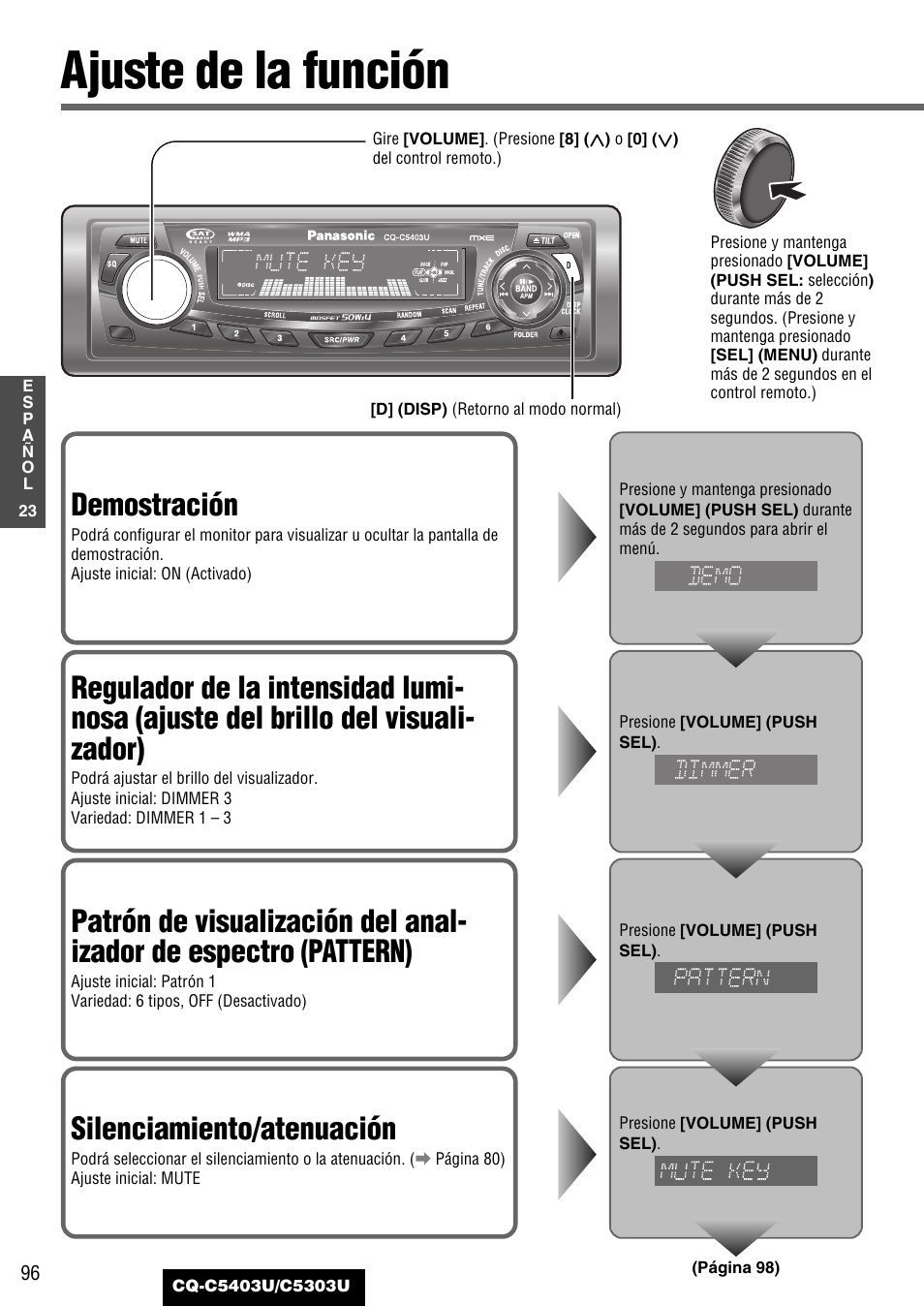Ajuste de la funcion, Ajuste de la función, Demostración | Silenciamiento/atenuación | Panasonic CQ-C5403U User Manual | Page 96 / 108