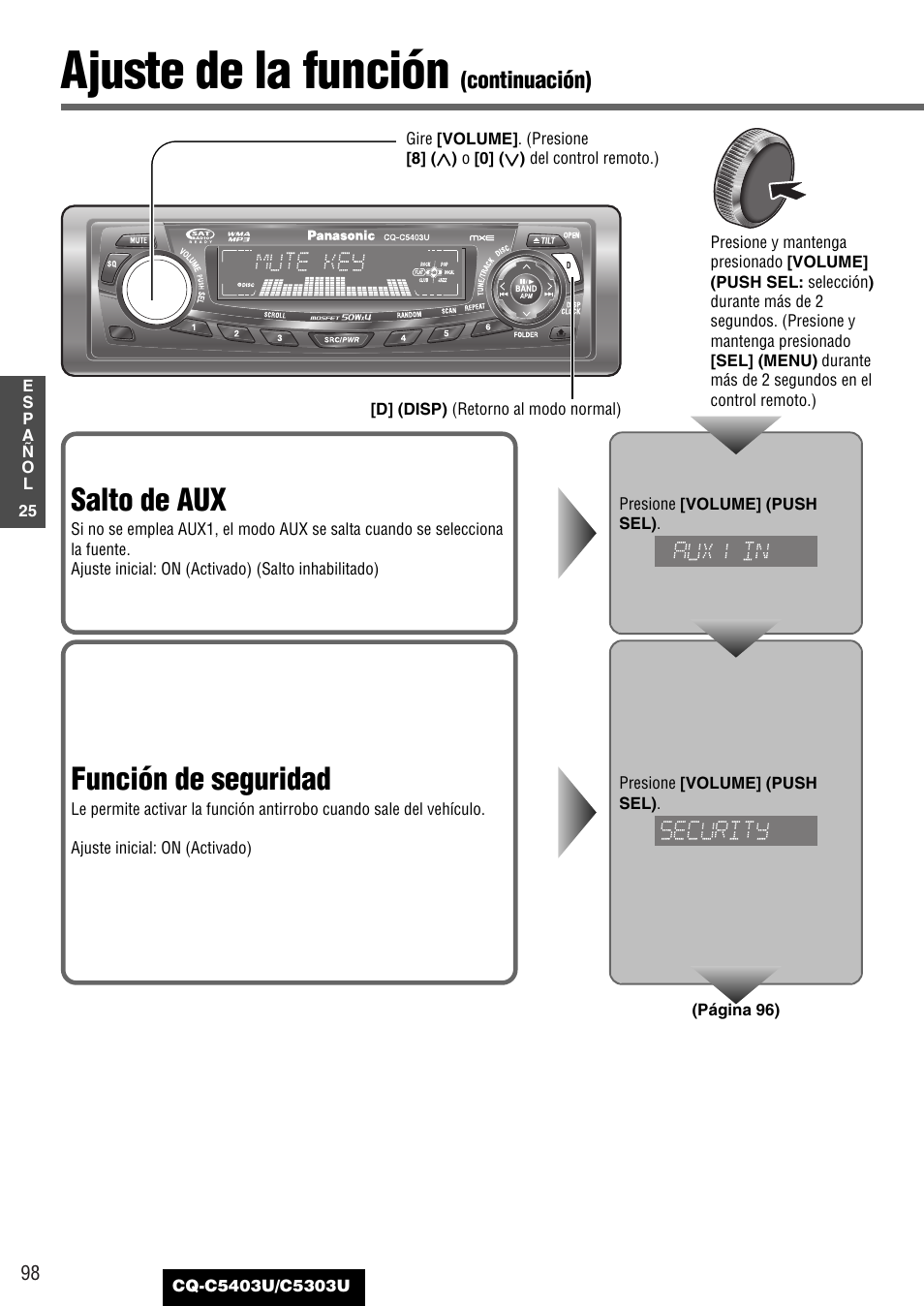 Ajuste de la función, Salto de aux, Función de seguridad | Continuación) | Panasonic CQ-C5403U User Manual | Page 98 / 108