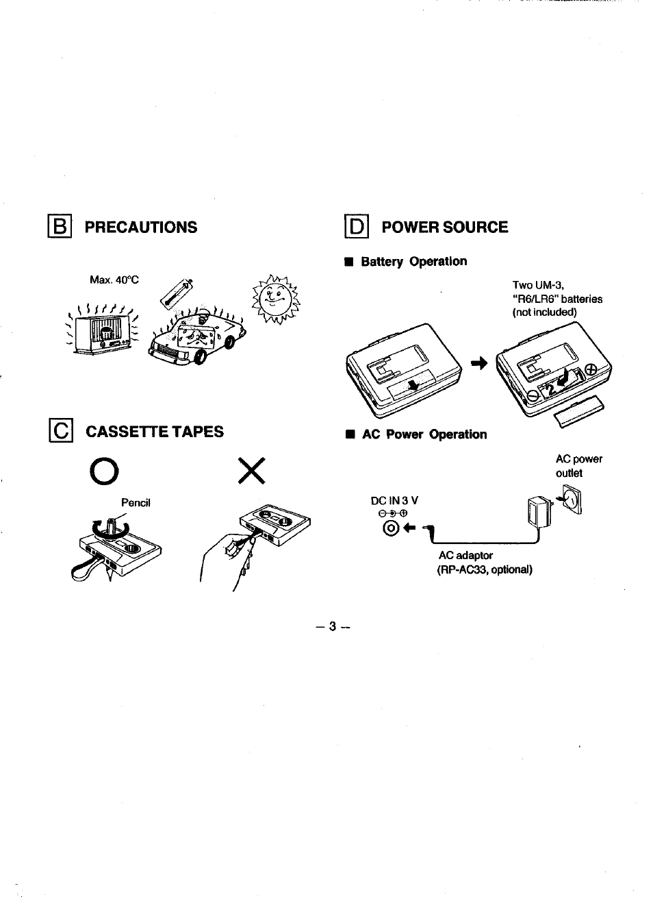 Precautions, Cassette tapes, Power source | Panasonic RQV162 User Manual | Page 3 / 13