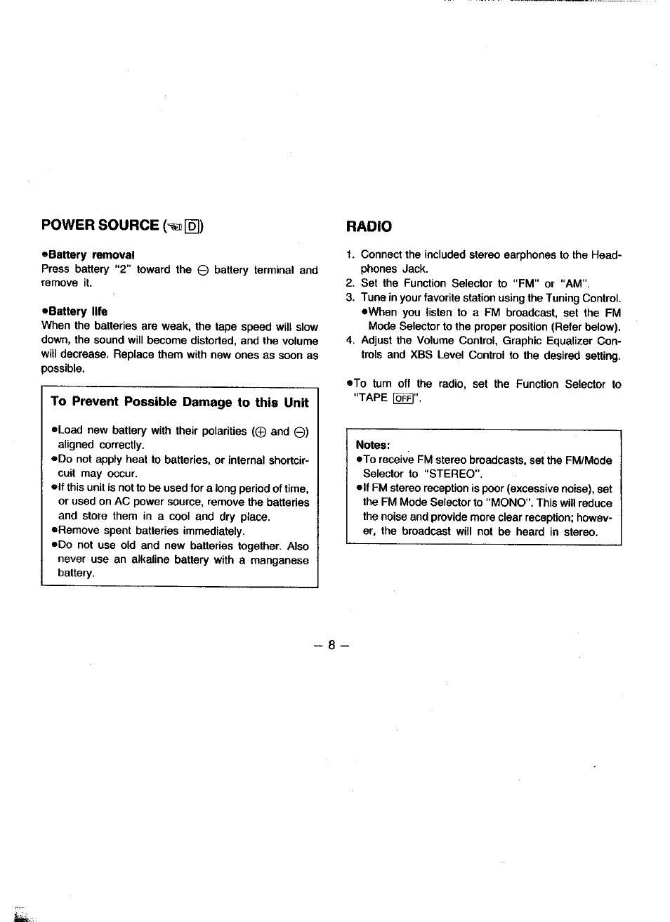 Battery removal, Battery life, Notes | Panasonic RQV162 User Manual | Page 8 / 13