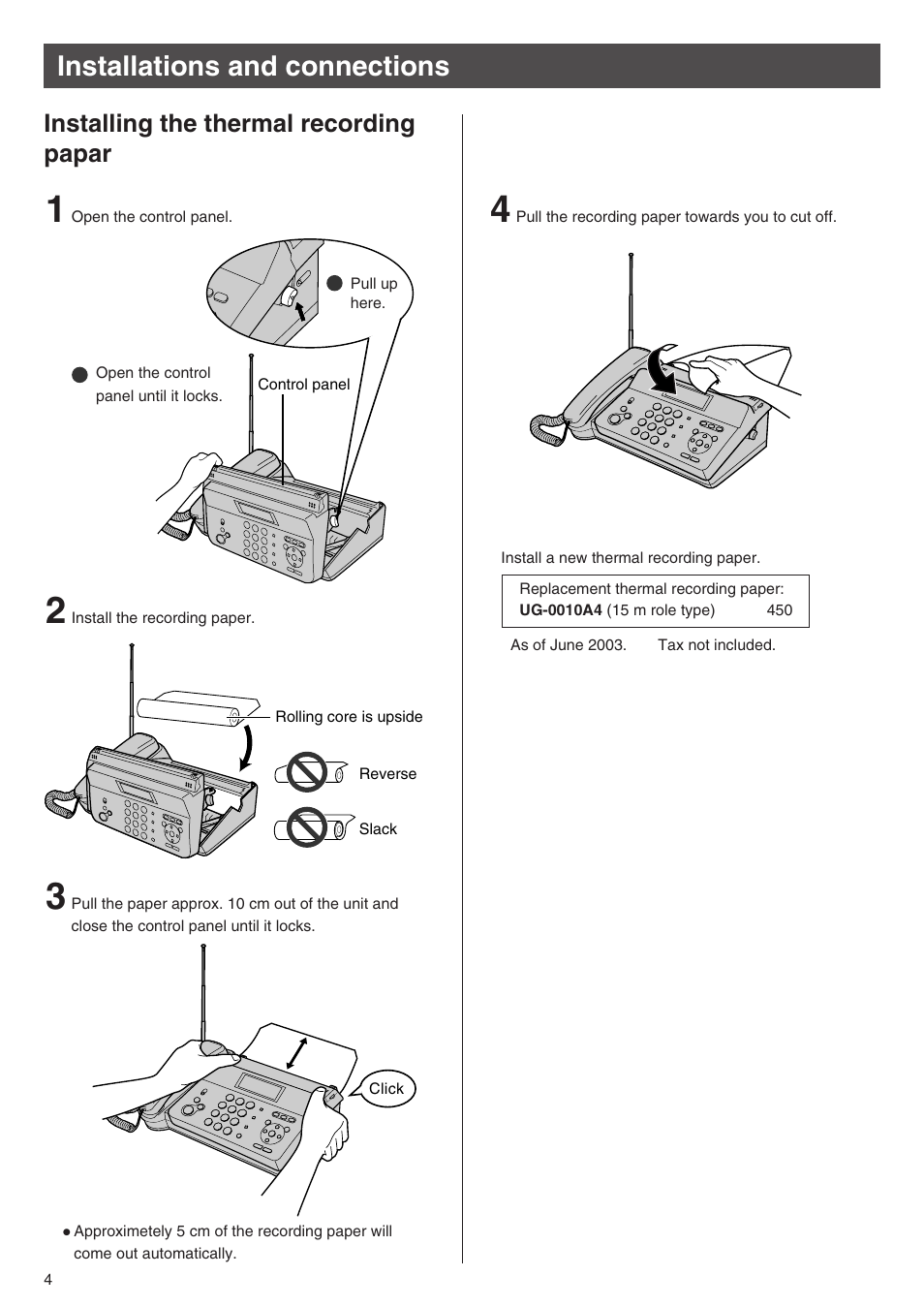 Installations and connections, Installing the thermal recording papar | Panasonic KX-PW201CW User Manual | Page 4 / 24