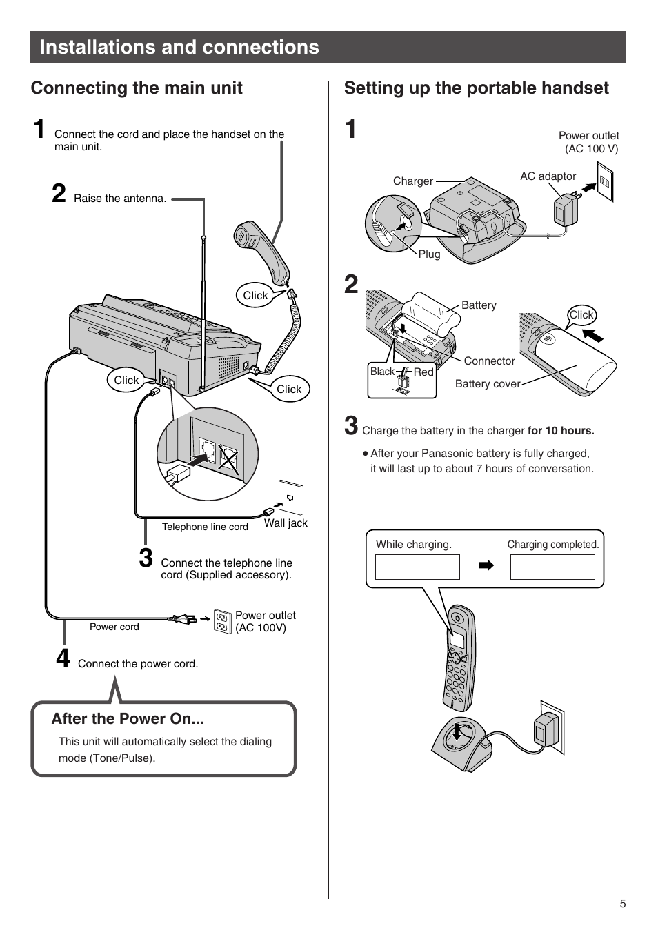 Installations and connections, Connecting the main unit, Setting up the portable handset | Panasonic KX-PW201CW User Manual | Page 5 / 24