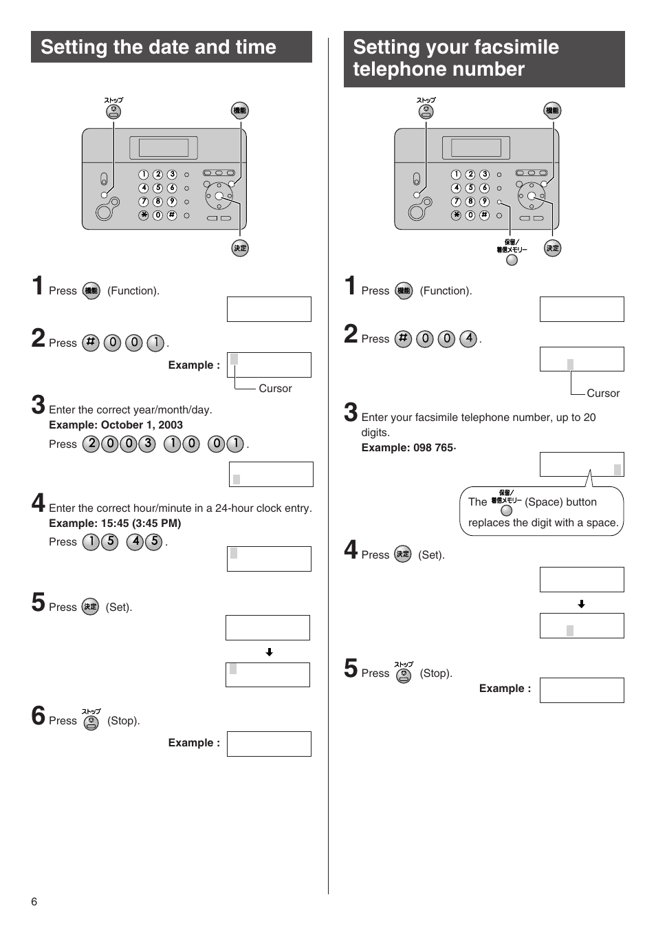 Setting the date and time, Setting your facsimile telephone number | Panasonic KX-PW201CW User Manual | Page 6 / 24