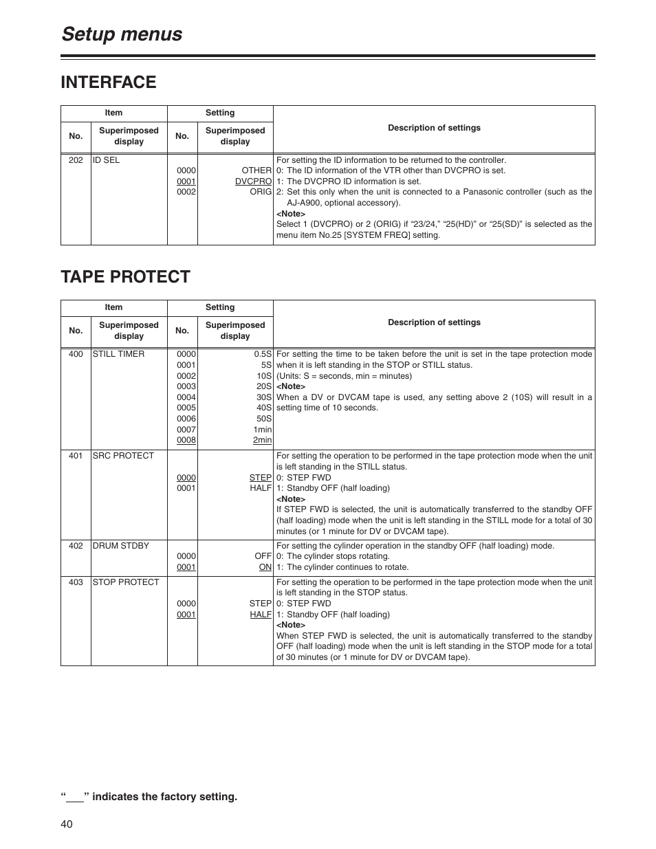 Setup menus, Tape protect, Interface | Panasonic AJ-HD1200A User Manual | Page 18 / 27