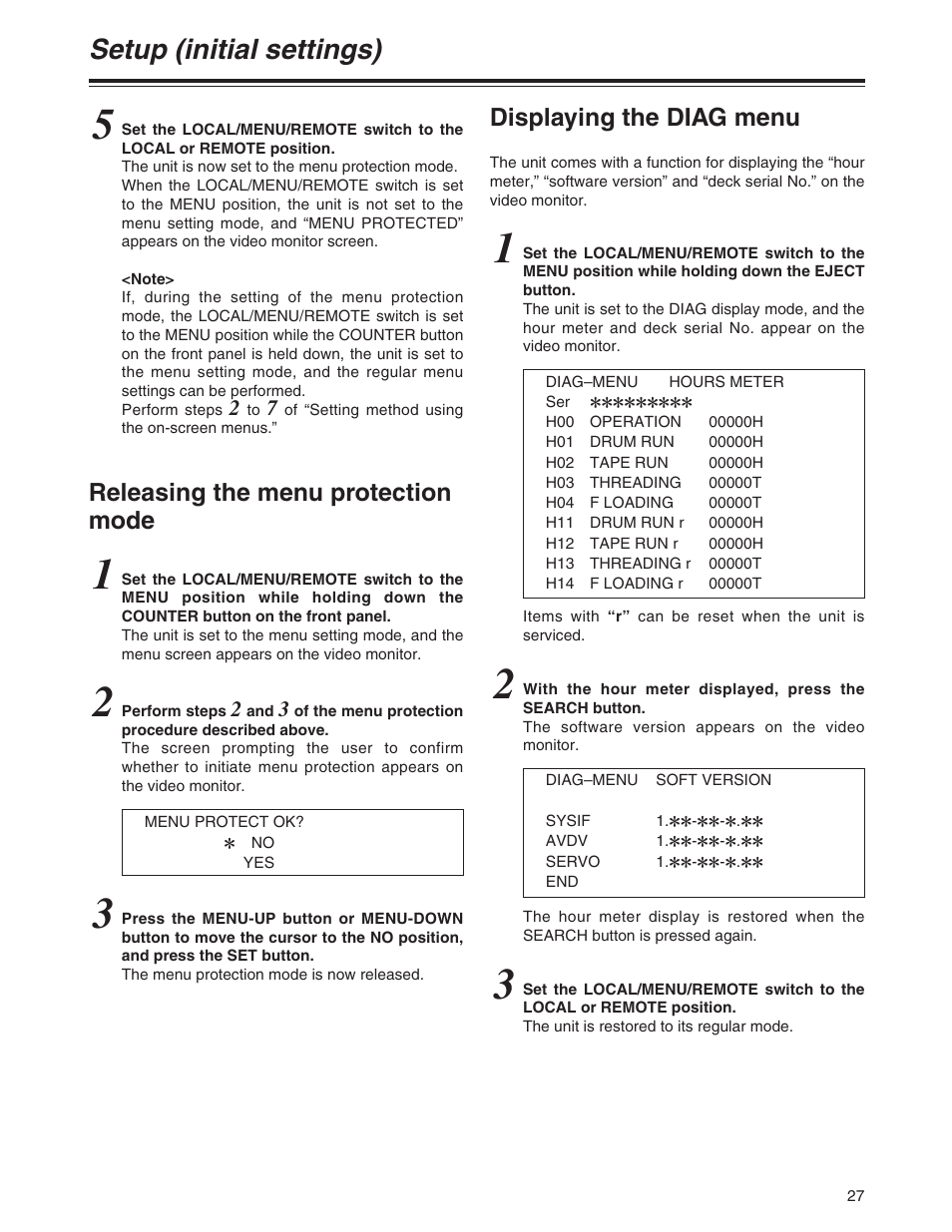 Setup (initial settings), Releasing the menu protection mode, Displaying the diag menu | Panasonic AJ-HD1200A User Manual | Page 5 / 27