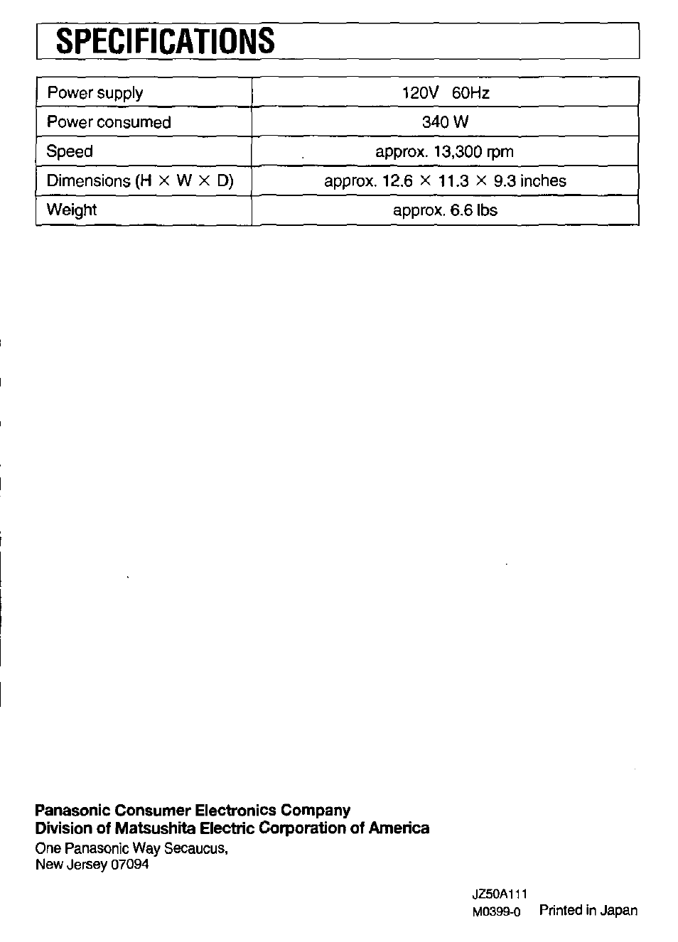 Specifications | Panasonic MJ66PR User Manual | Page 10 / 10