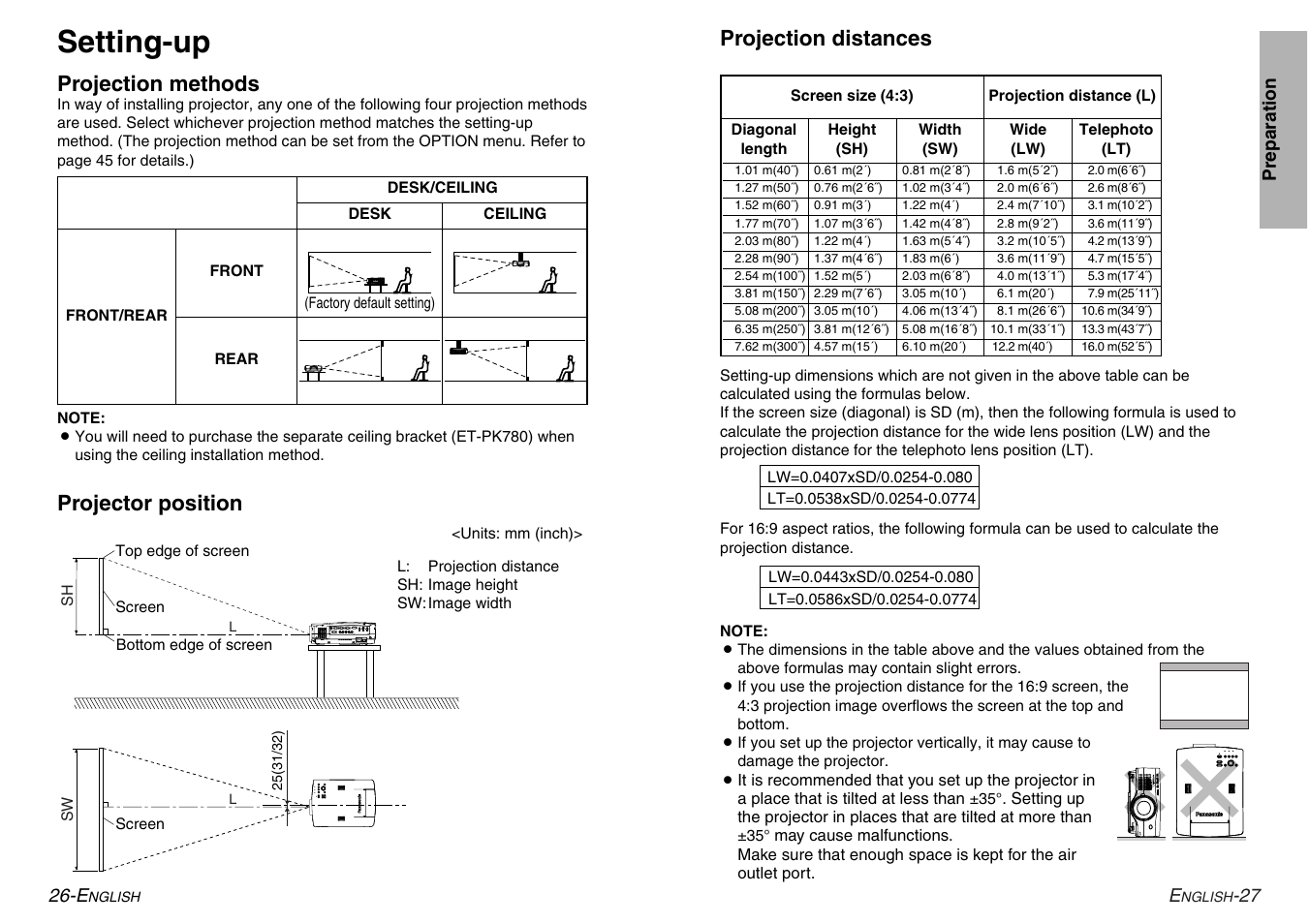 Setting-up, Projection distances, Projection methods | Projector position | Panasonic PT-L780E User Manual | Page 14 / 36