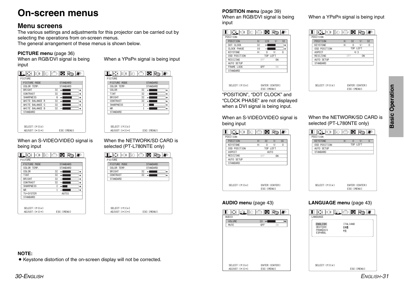 On-screen menus, Menu screens, 31 basic operation 30-e | Panasonic PT-L780E User Manual | Page 16 / 36