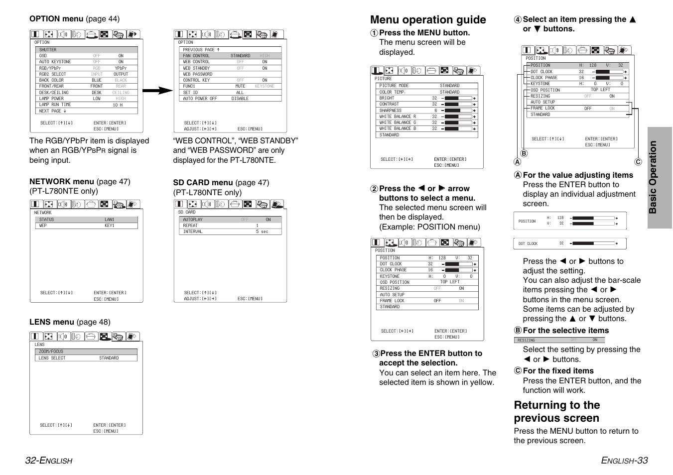 Menu operation guide, Returning to the previous screen, 33 basic operation 32-e | Panasonic PT-L780E User Manual | Page 17 / 36