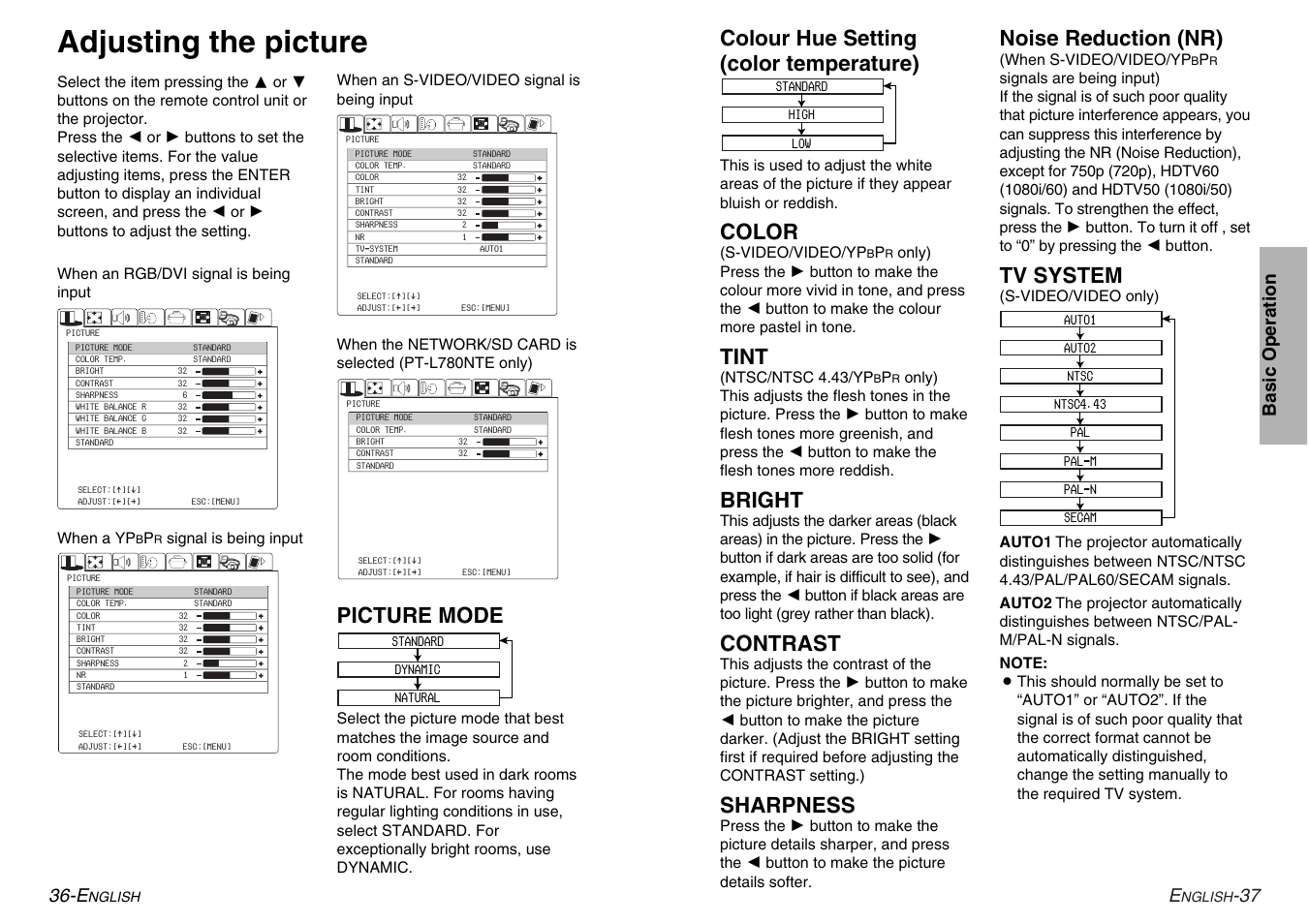 Adjusting the picture, Colour hue setting (color temperature), Color | Tint, Bright, Contrast, Sharpness, Noise reduction (nr), Tv system, Picture mode | Panasonic PT-L780E User Manual | Page 19 / 36