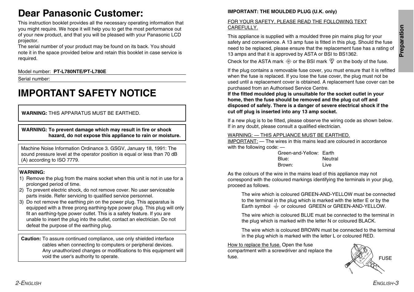 Important safety notice, Dear panasonic customer, 3 preparation | Panasonic PT-L780E User Manual | Page 2 / 36