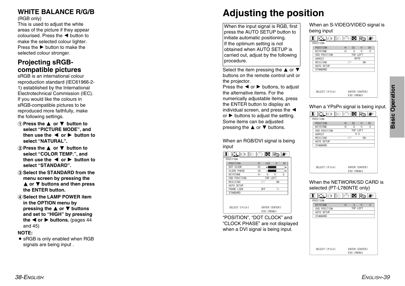 Adjusting the position, White balance r/g/b, Projecting srgb- compatible pictures | 39 basic operation 38-e | Panasonic PT-L780E User Manual | Page 20 / 36