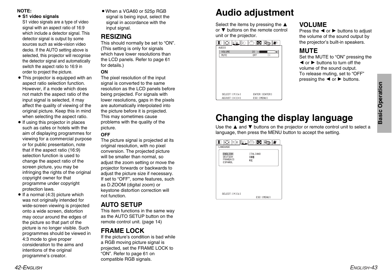Audio adjustment, Changing the display language, Resizing | Auto setup, Frame lock, Volume, Mute | Panasonic PT-L780E User Manual | Page 22 / 36