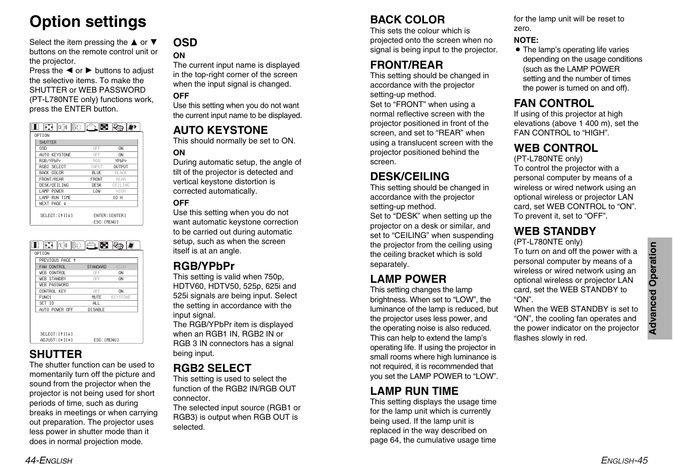 Option settings, Shutter, Auto keystone | Rgb/ypbpr, Rgb2 select, Back color, Front/rear, Desk/ceiling, Lamp power, Lamp run time | Panasonic PT-L780E User Manual | Page 23 / 36