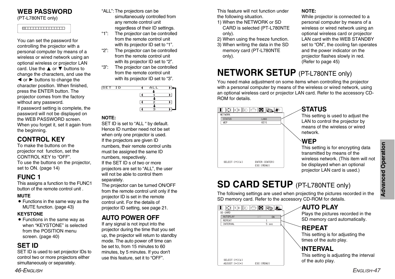 Network setup, Sd card setup, Pt-l780nte only) | Status, Auto play, Repeat, Interval, Web password, Control key, Func 1 | Panasonic PT-L780E User Manual | Page 24 / 36