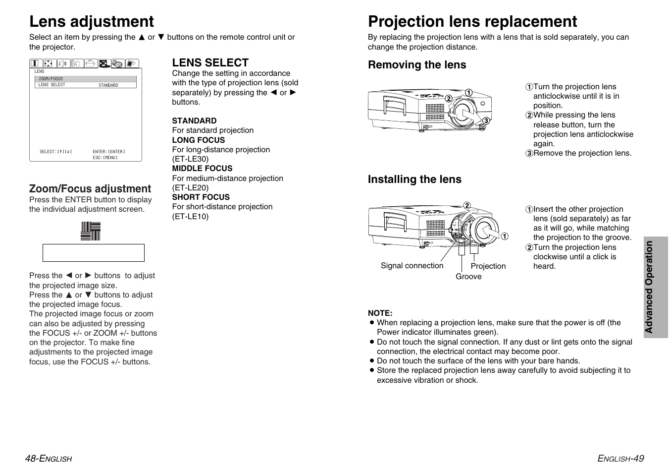 Lens adjustment, Projection lens replacement | Panasonic PT-L780E User Manual | Page 25 / 36