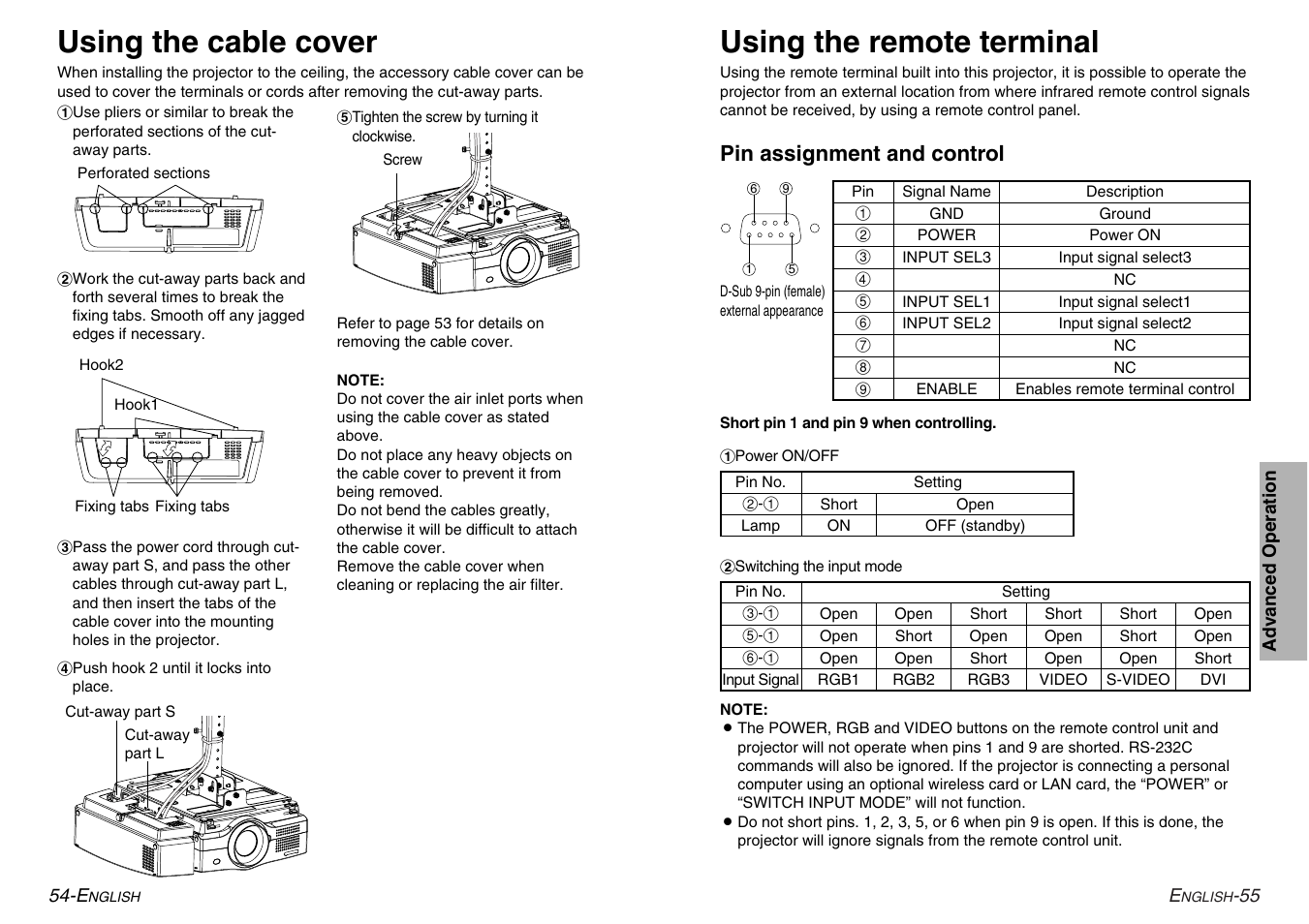 Using the cable cover, Using the remote terminal, Pin assignment and control | Panasonic PT-L780E User Manual | Page 28 / 36