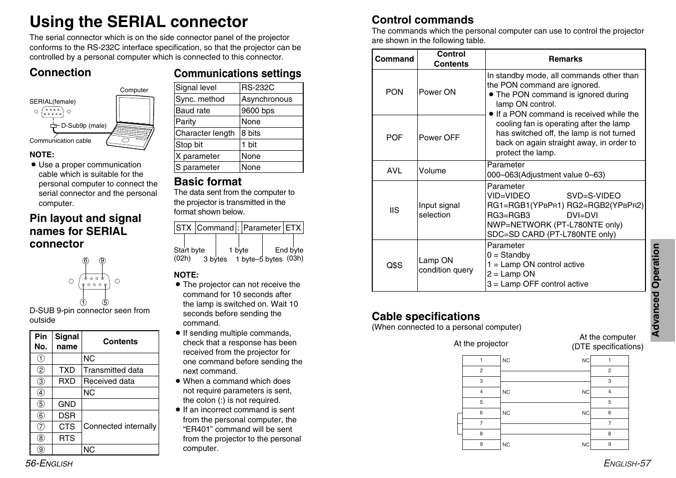 Using the serial connector, Control commands, Cable specifications | Connection, Pin layout and signal names for serial connector, Basic format, Communications settings | Panasonic PT-L780E User Manual | Page 29 / 36