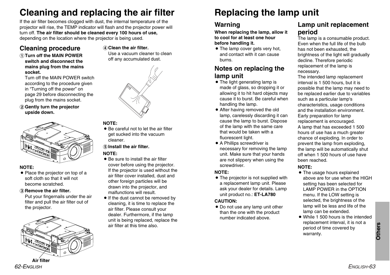 Cleaning and replacing the air filter, Replacing the lamp unit | Panasonic PT-L780E User Manual | Page 32 / 36