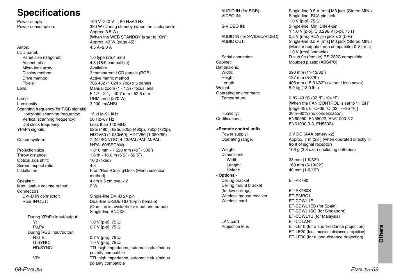 Specifications | Panasonic PT-L780E User Manual | Page 35 / 36