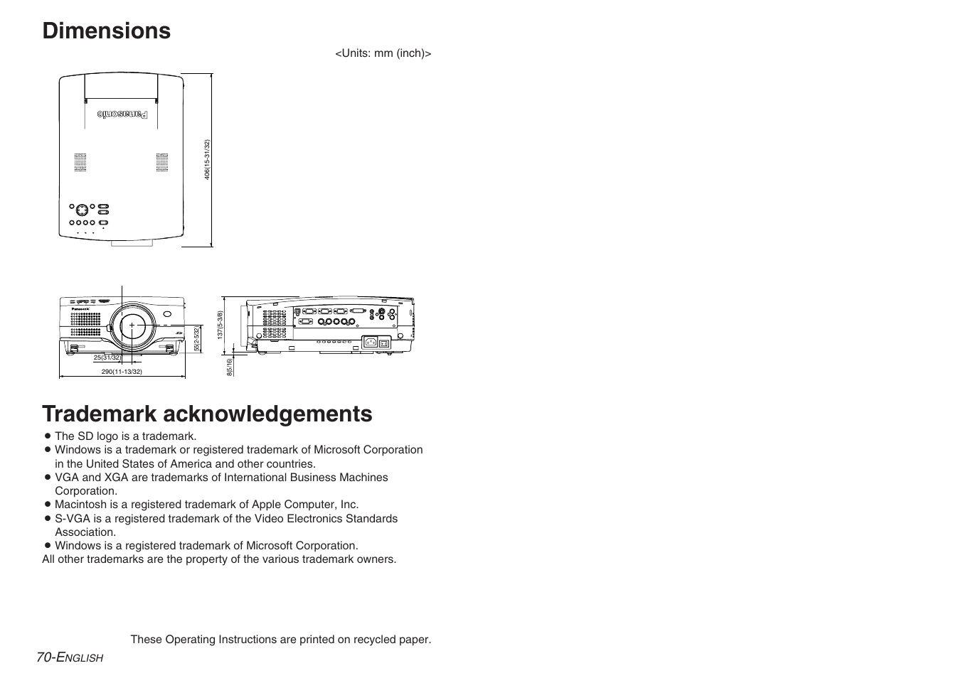 Trademark acknowledgements, Dimensions | Panasonic PT-L780E User Manual | Page 36 / 36