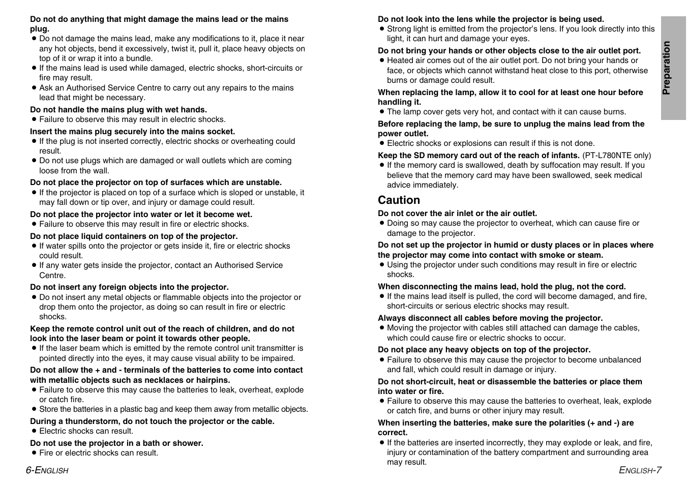 Caution | Panasonic PT-L780E User Manual | Page 4 / 36